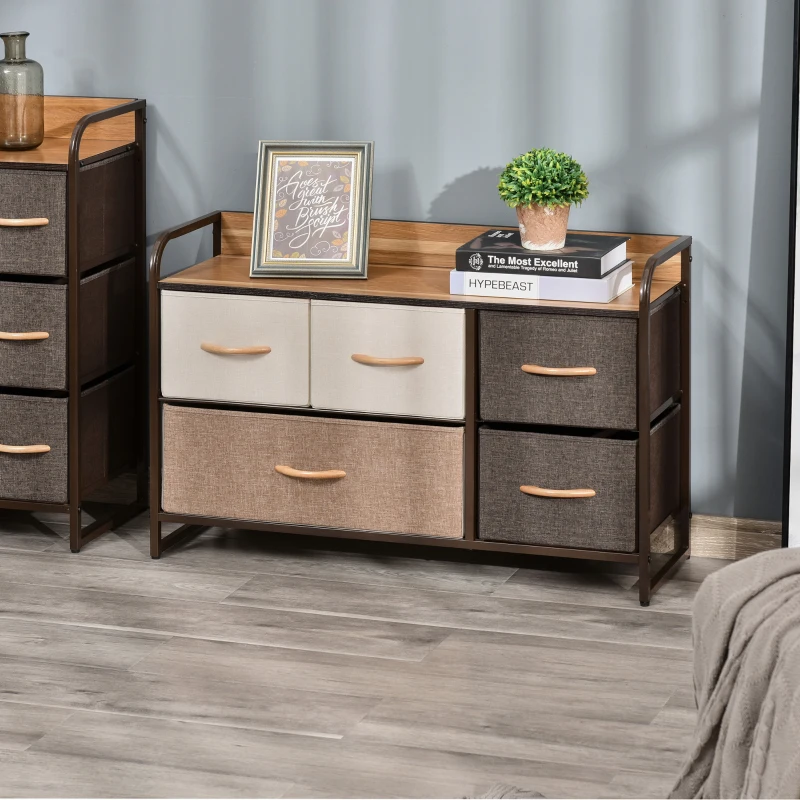 HOMCOM Commode Meuble de Rangement 5 tiroirs en Tissu 87,5 x 29 x 58 cm Marron et Beige