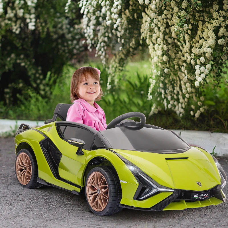 HOMCOM Coche Eléctrico para Niños de +3 Años Lamborghini SIAN Coche de Batería 12V con Mando a Distancia Apertura de Puerta Música MP3 USB y Faros 3-5 km/h 108x62x40 cm Verde