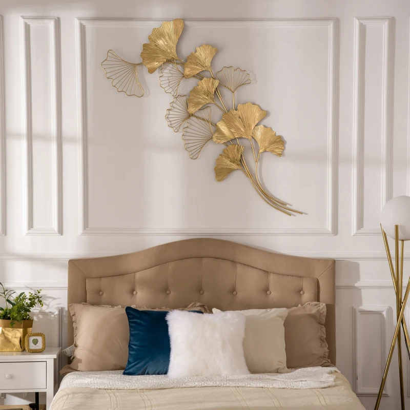 HOMCOM Decorazione Murale 3D in Metallo, Wall Art Dorata con Foglie di Ginkgo 138x70cm