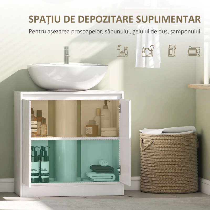 HOMCOM Dulap Sub Lavoar pentru Baie cu 2 Uși și Raft Reglabil, pentru Lavoare cu sau fără Coloană, 60 x 30 x 59,8 cm, Alb