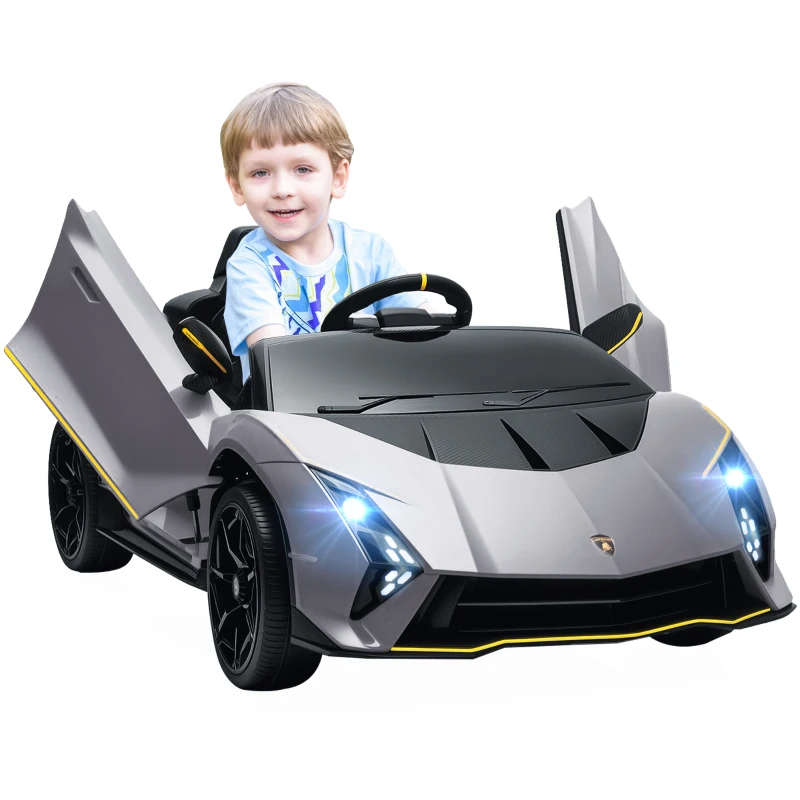AIYAPLAY Carro Elétrico para Crianças Lamborghini 12V Controlo Remoto Faróis Buzina Arranque Lento e Música MP3 114,5x64x45,5 cm Cinza