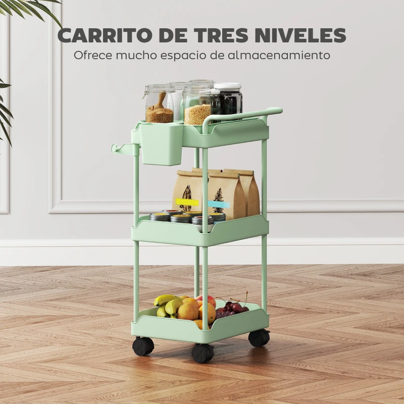 HOMCOM Carrito Auxiliar con Ruedas de 3 Niveles Carrito de Cocina con Cestas Extraíbles y Soporte para Toallas Verde