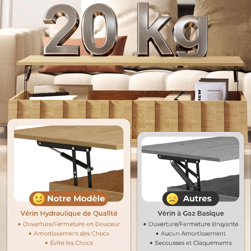 HOMCOM Table Basse Relevable avec 2 Compartiments Cachés et Latéraux Cannelés, Style Mid-Century Modern, 110x55x36,5cm, Chêne