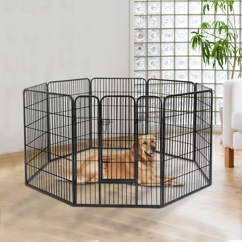 PawHut Luxe parc enclos modulable acier 8 panneaux et 1 porte pour chiens, lapins, rongeurs, petits animaux, intérieur et extérieur 80L x 60H cm noir