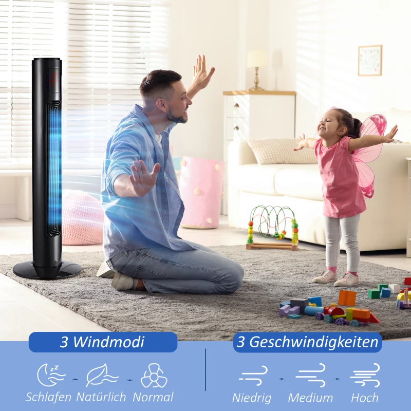 HOMCOM 70° oszillierender Turmventilator mit Fernbedienung 3 Modi 3 Geschwindigkeiten Timer 32 x 32 x 96 cm Schwarz