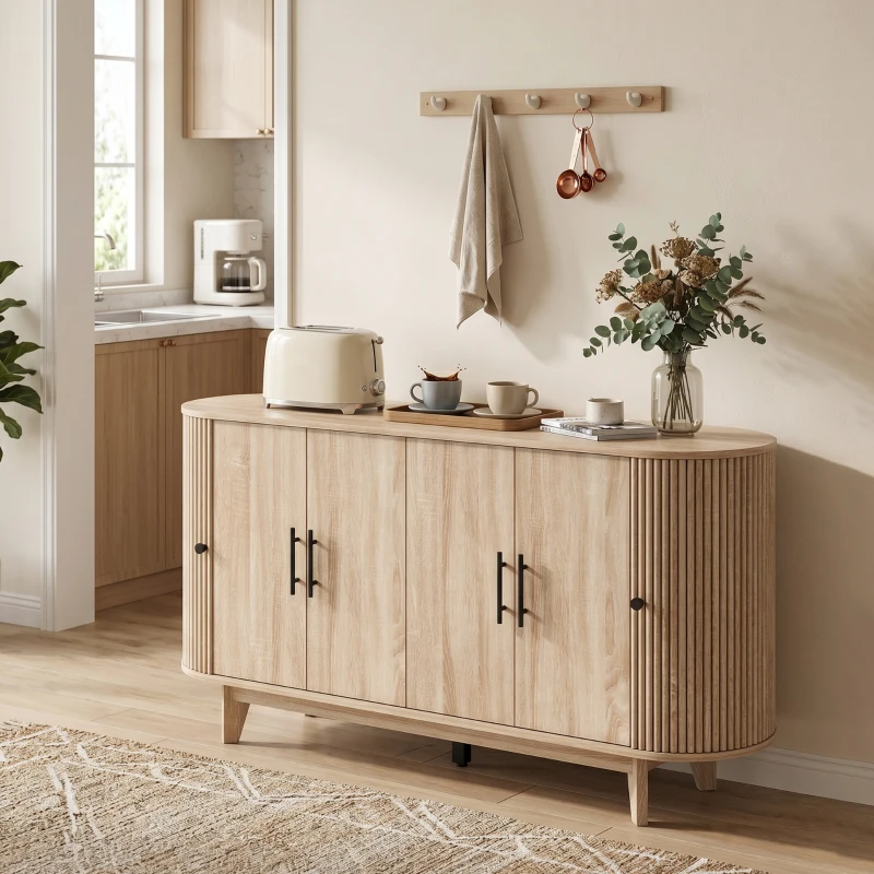 HOMCOM Buffet salon, meuble de rangement ovale avec 6 portes et 2 étagères réglables, 147x40x76cm, chêne