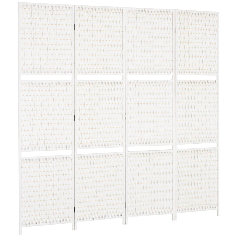 HOMCOM Paravent 4-teilig 181 x 180 cm Faltbar Raumteiler mit 2 Regalen aus Kiefernholz, Bambus für Schlafzimmer, Weiß