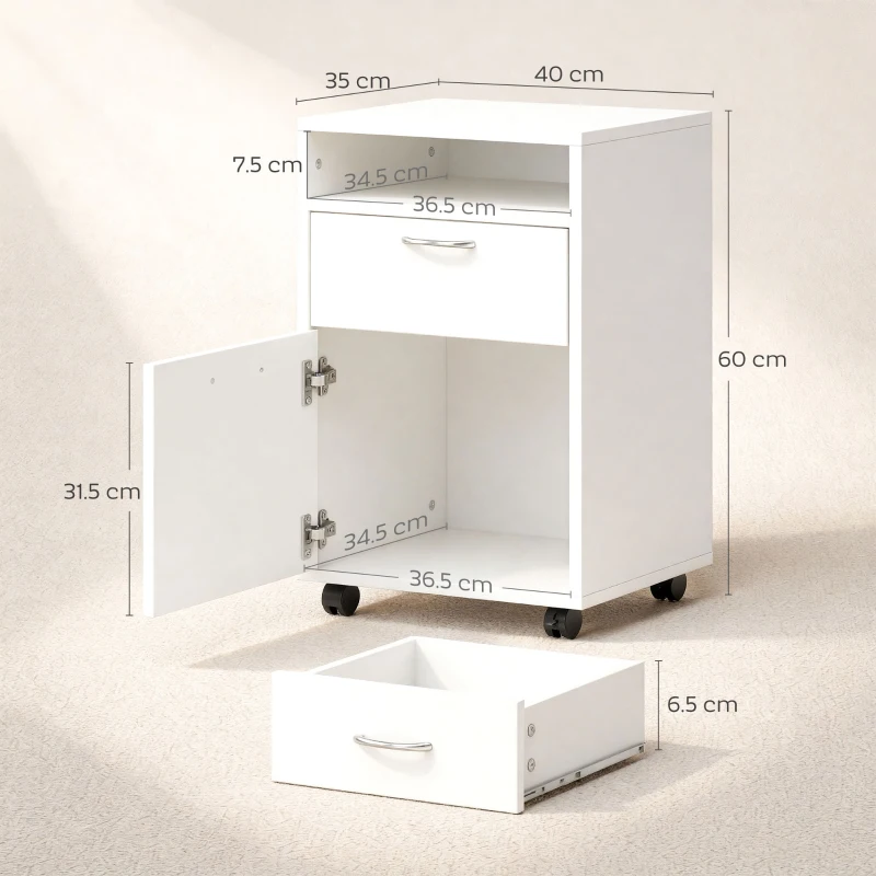 HOMCOM Schedario da Ufficio con Cassetto, Armadietto, Ruote a Freno e Ripiano Aperto, Cassettiera Ufficio per Lettera/Legale/Formato A4, Armadio Verticale per Studio, 40x35x60 cm, Bianco