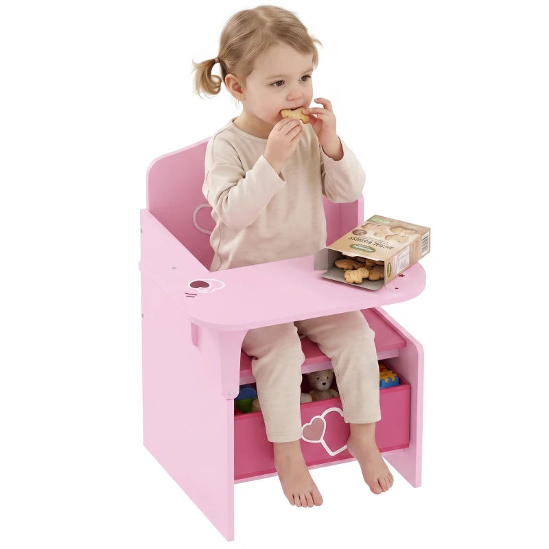 AIYAPLAY Set Tavolo e Sedia per Bambini 3-5 Anni in Legno MDF con Motivi a Cuore, Contenitore Integrato, Rosa