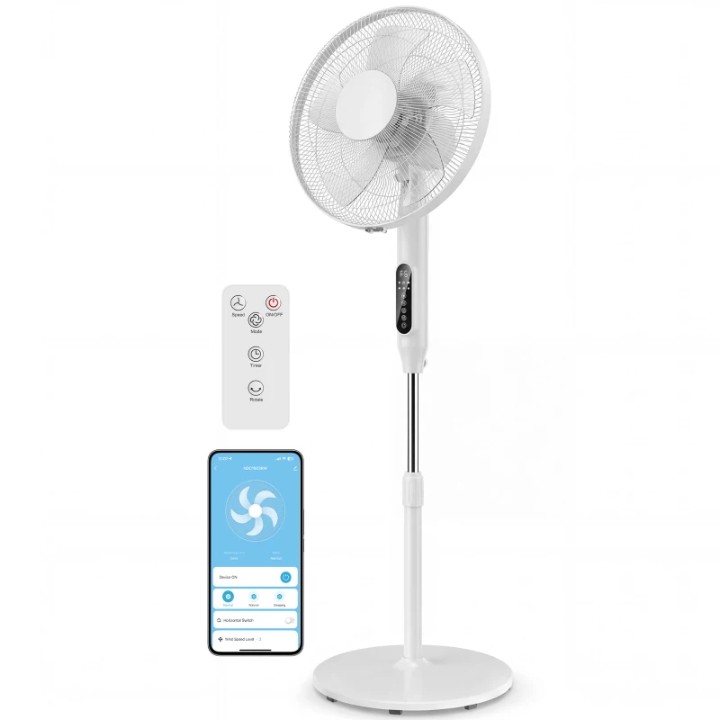 HOMCOM Ventilateur sur pied contrôlé par APP, ventilateur 45 cm avec télécommande, 3 vitesses, 3 modes, hauteur réglable, blanc