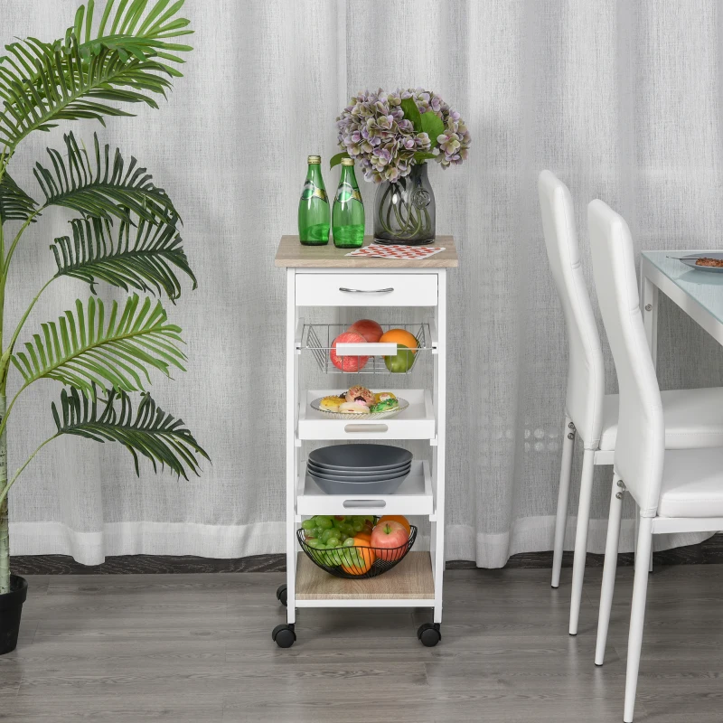 HOMCOM Chariot de service desserte de cuisine à roulettes panier + 2 plateaux amovibles, tiroir, bois pin blanc