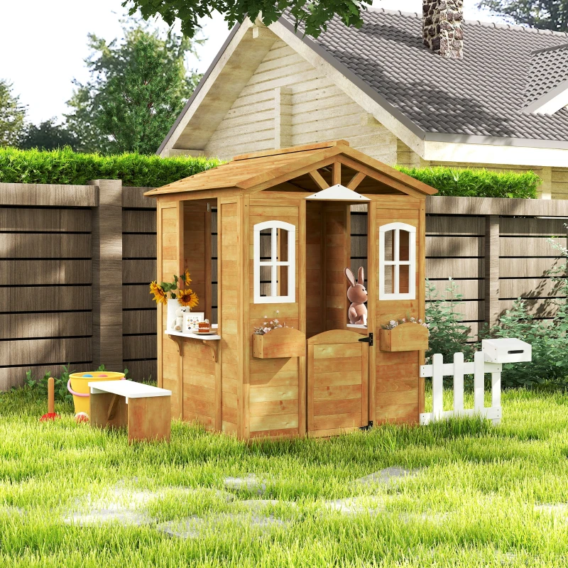 Outsunny Casita Infantil de Exterior a Partir de 3 Años Casa de Juegos de Madera con Buzón Banco 204x107x140 cm para Exterior Interior Color Madera Natural