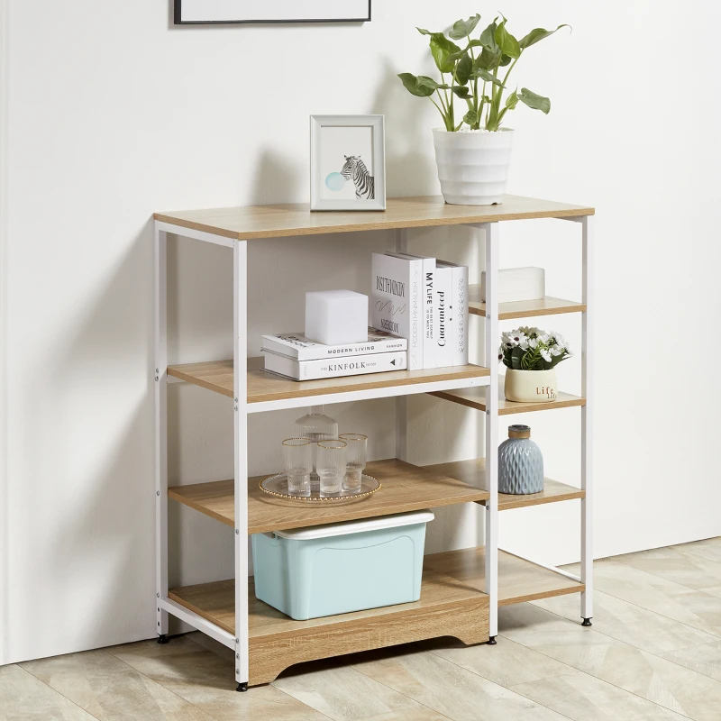 HOMCOM Küchenregal Standregal Lagerregal Eckregal mit 7 Einlegeböden rutschfesten Fußkappen Metallregal robust und stabil Metall MDF Stahl Weiß+Natur 90 x 40 x 95 cm