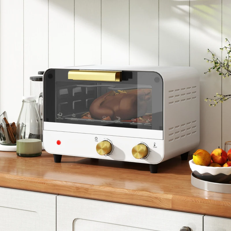 HOMCOM Small Toaster Oven, 12L Multifunction Mini Countertop Oven with Glass Door, Adjustable Temperature and Timer, White