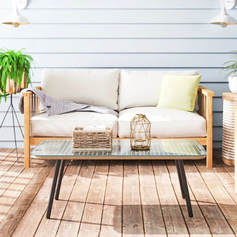 Outsunny Table basse de jardin avec plateau verre trempé 5 mm, table d'appoint pour extérieur, cadre en acier, effet bois naturel