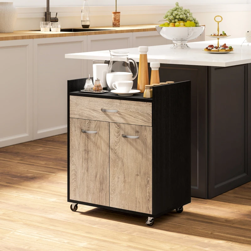 HOMCOM Carrello da Cucina con Cassetto, Armadietto e 4 Ruote in Legno, 60x40x77cm, Nero