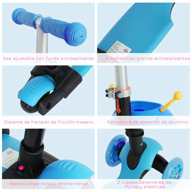 HOMCOM 3 en 1 Patinete para Niños de +18 Meses Scooter de 3 Ruedas con Asiento Extraíble Manillar Mango de Empuje Altura Ajustable 62x25x72,5 cm Azul