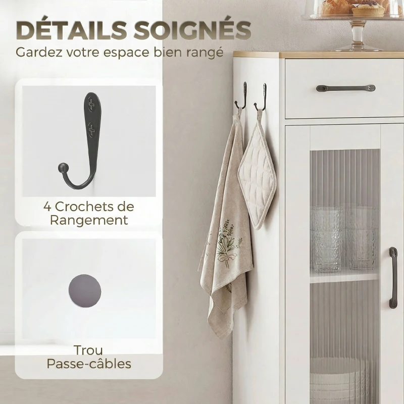 HOMCOM Buffet cuisine, meuble de rangement avec tiroir, 3 portes dont 1 en acrylique cannelée, étagère ouverte, blanc et chêne