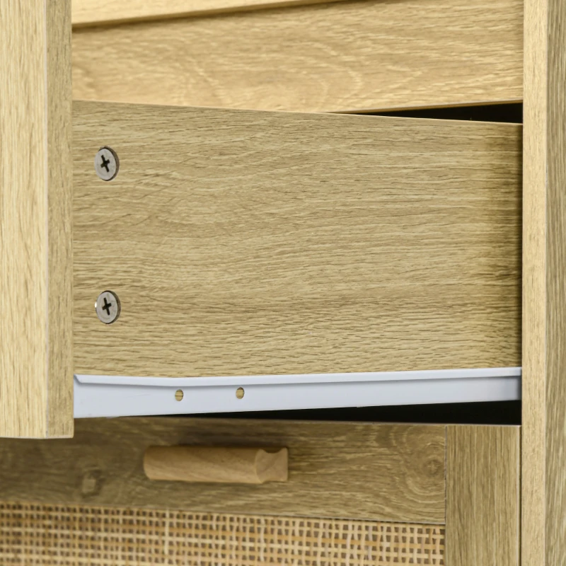 HOMCOM Mobile Cassettiera 4 Cassetti Stile Boho in Legno e Rattan, 90x45x108.5cm, Rovere