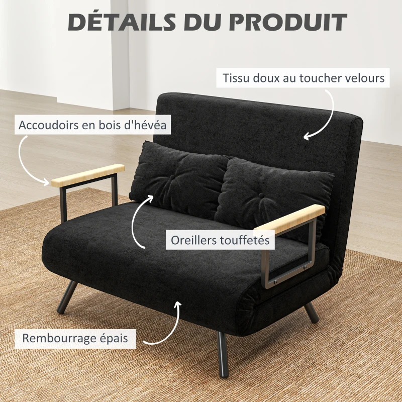 HOMCOM Canapé convertible 2 places 4 en 1, canapé-lit avec dossier réglable sur 5 niveaux, 2 coussins, 102 x 73 x 81 cm, noir