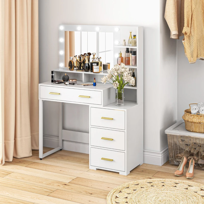 HOMCOM Tavolo da Trucco in Legno con 4 Cassetti, 6 Ripiani Aperti e Specchio, 100x40x138 cm, Bianco