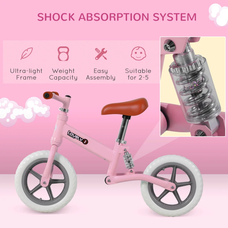 HOMCOM 12" Kids Balance Bike No Pedal Bicycle EVA Tyre Adjustable Seat Toddler Training Bike W/ Shock Absorber 2 - 5 Years Gift for Boys Girls Pink