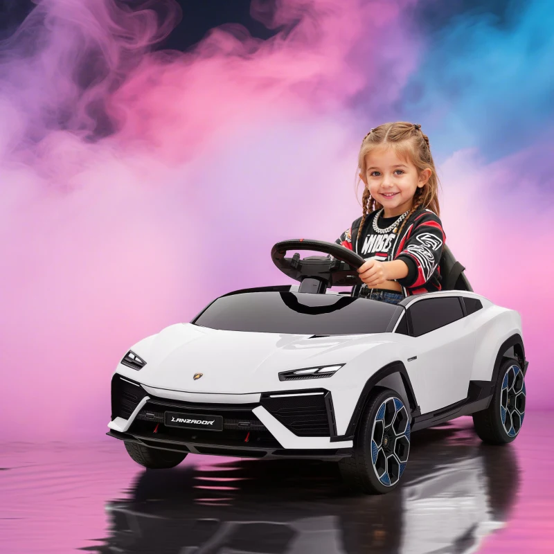 AIYAPLAY Voiture électrique enfant véhicule électrique Lamborghini 12V télécommande 2,4G et 2 moteurs vitesse max. 4 km/h blanc