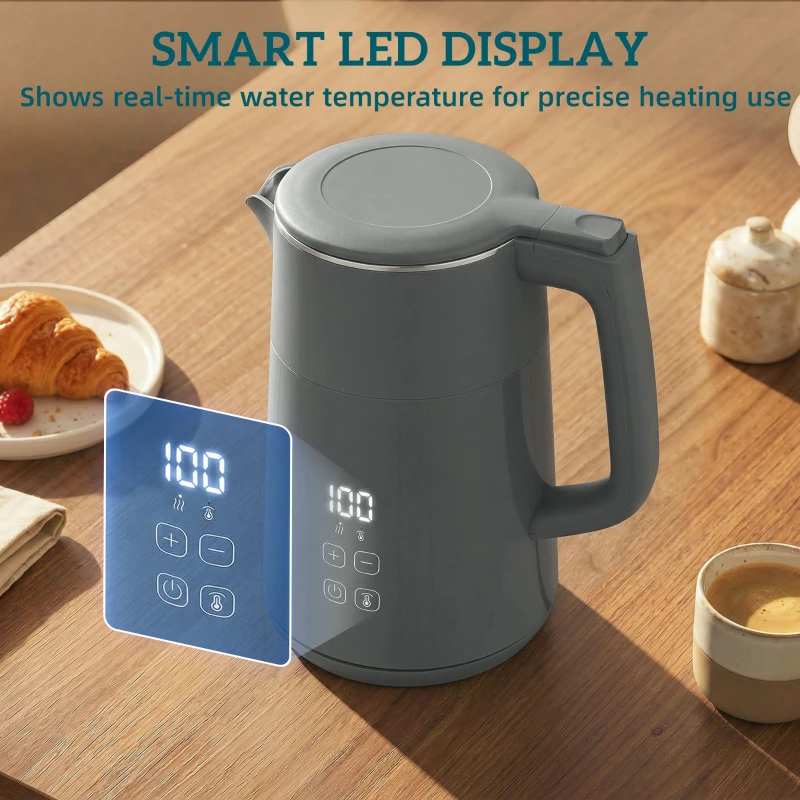 HOMCOM Electric Kettle, 1.7L Fast Boil 3kW Water Kettle with UK Strix Thermostat, LED Display, Keep Warm Function, Grey