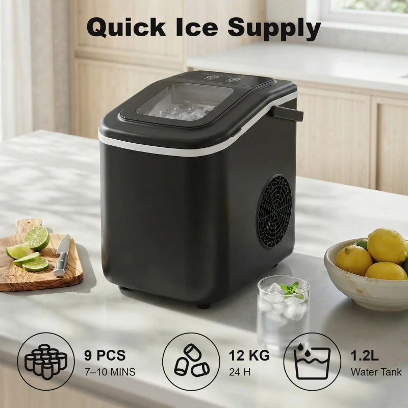 HOMCOM Countertop Ice Maker Machine 9 Cubes in 7 Mins Portable Ice Machine Ice Scoop and Basket 2 Sizes Black