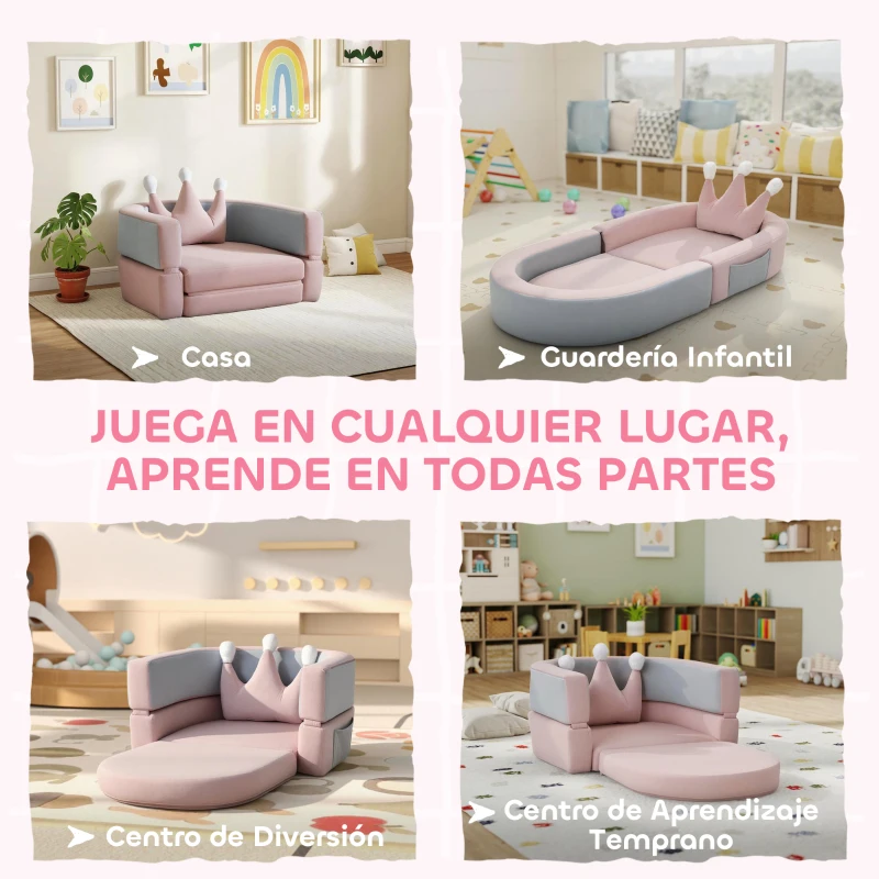 AIYAPLAY Sofá Infantil Convertible en Cama y Zona de Juego con Cojín de Corona 116x61x14 cm Rosa y Azul Grisáceo