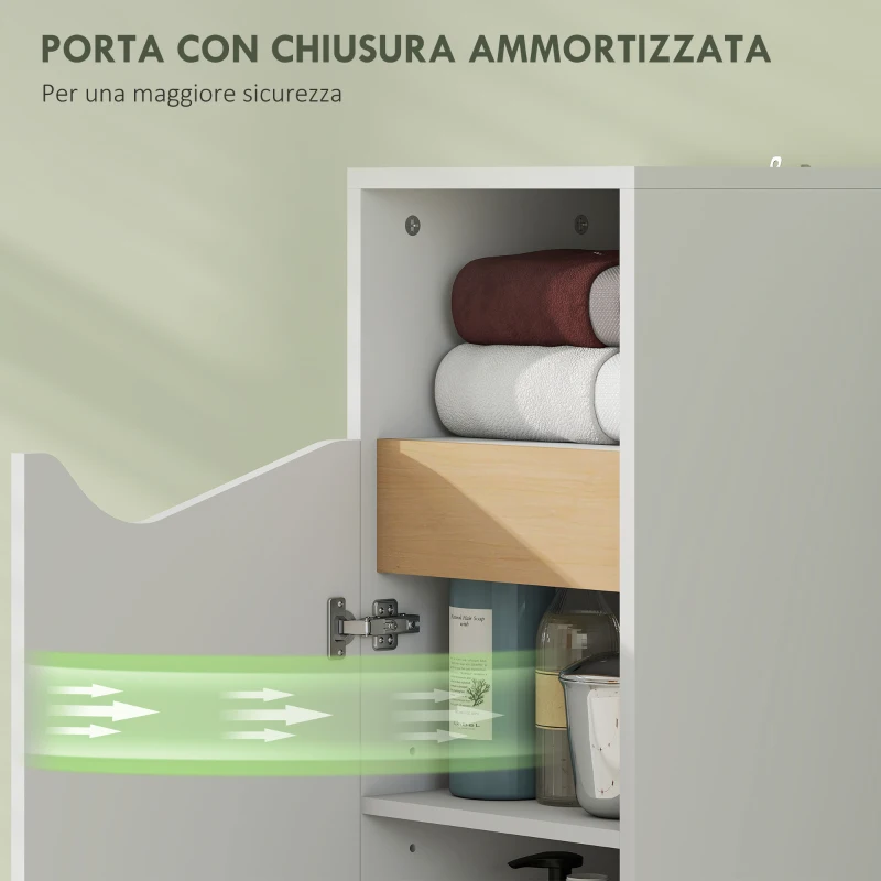 HOMCOM Mobiletto Bagno con Armadietto con Anta Ammortizzata e Vano Aperto, 30x30x71.5 cm, Bianco e Legno