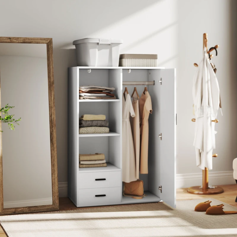 HOMCOM Armadio Moderno con 2 Cassetti, Ripiani Aperti e Vano Appendiabiti, 80x50x124 cm, Bianco