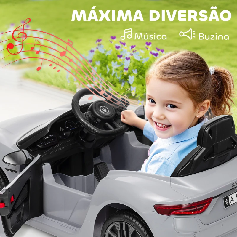 AIYAPLAY Carro Elétrico para Crianças Maserati Gran Turismo Folgore 12V Controlo Remoto Faróis Buzina e Música MP3 98x59x43 cm Cinza