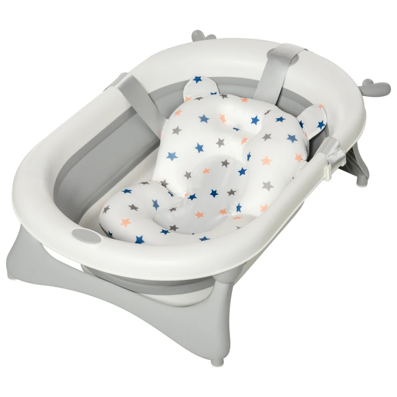 HOMCOM Bañera Plegable para Bebé Recién Nacido hasta 3 Años 81,5x50,5x23,5 cm con Tapón Termosensible Cojín Gris