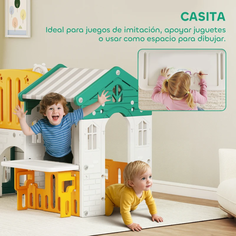 AIYAPLAY Tobogán Infantil 7 en 1 con Caseta Escalera Aro de Baloncesto Túnel Pizarra Telescopio para Interior Amarillo y Verde