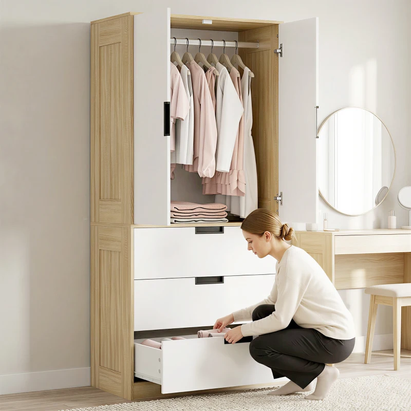HOMCOM Modern Clothes Storage Cupboard Unit, 3 Drawer 2 Door Wardrobe with Hanging Rod, Oak
