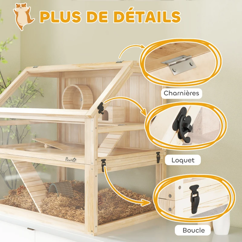 PawHut Cage hamster rongeur à 3 niveaux fond amovible de 31 cm de profondeur cabane balançoire 80x50x76cm finition bois naturel