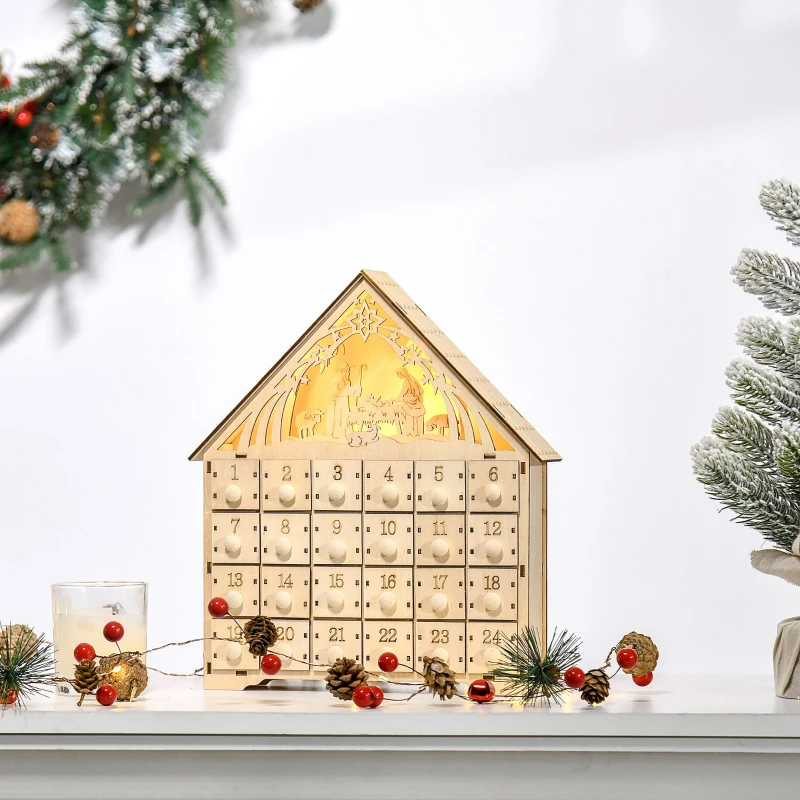 HOMCOM Calendrier de l'Avent à remplir en bois, décoration de Noël avec 24 tiroirs et 5 lumières LED, 26,6x6x30cm, bois naturel