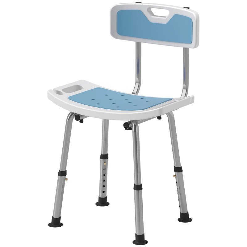HOMCOM Silla Ducha Personas Mayores con Respaldo Altura Ajustable en 6 Posiciones Carga 136 kg para Ancianos y Discapacitados