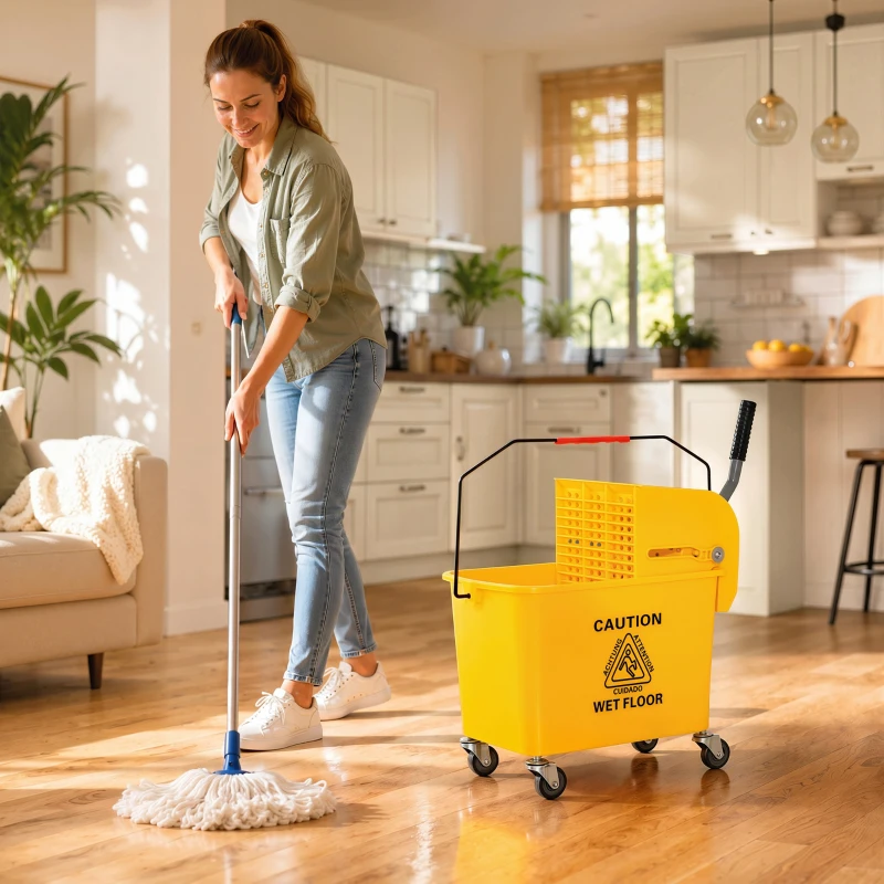 HOMCOM Chariot de nettoyage lavage seau de ménage 20 L avec essoreur et séparateur eau sale propre jaune 60L x 27l x 70,5H cm