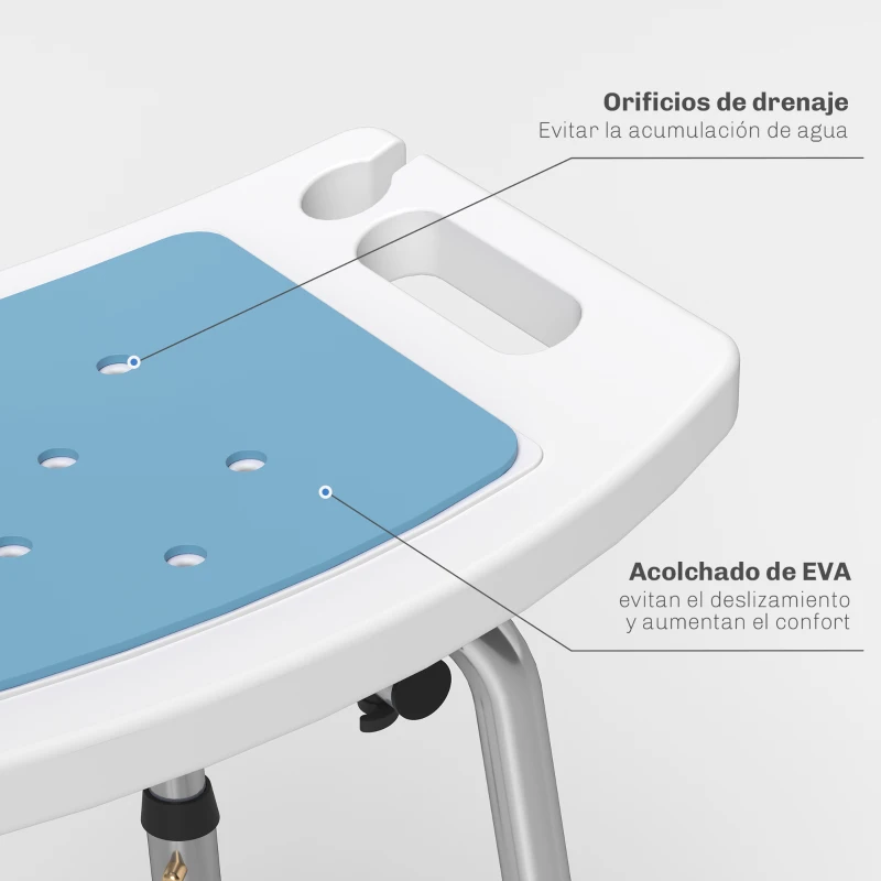 HOMCOM Silla Ducha Personas Mayores con Respaldo Altura Ajustable en 6 Posiciones Carga 136 kg para Ancianos y Discapacitados