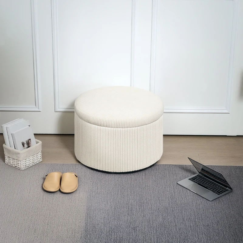HOMCOM Pouf coffre rangement, tabouret rond, pouf repose-pieds en velours côtelé, charge 120 Kg, Ø 60 x 41 cm, beige