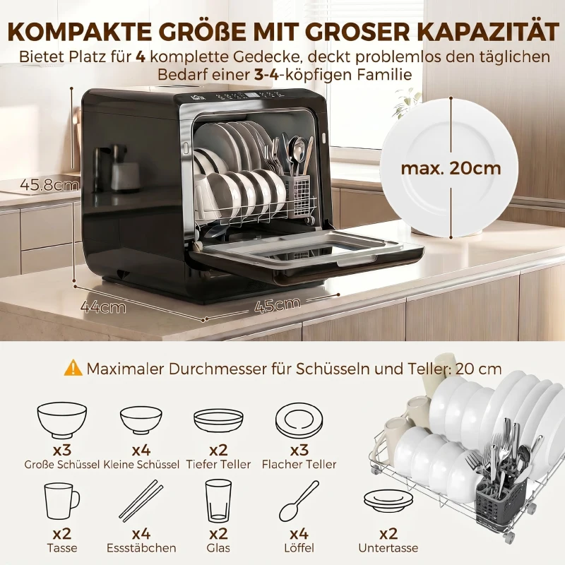 HOMCOM Tischgeschirrspüler, mit integriertem 6-Liter-Wassertank, 5 Programmen, 4 Gedecke, LED-Display Schwarz