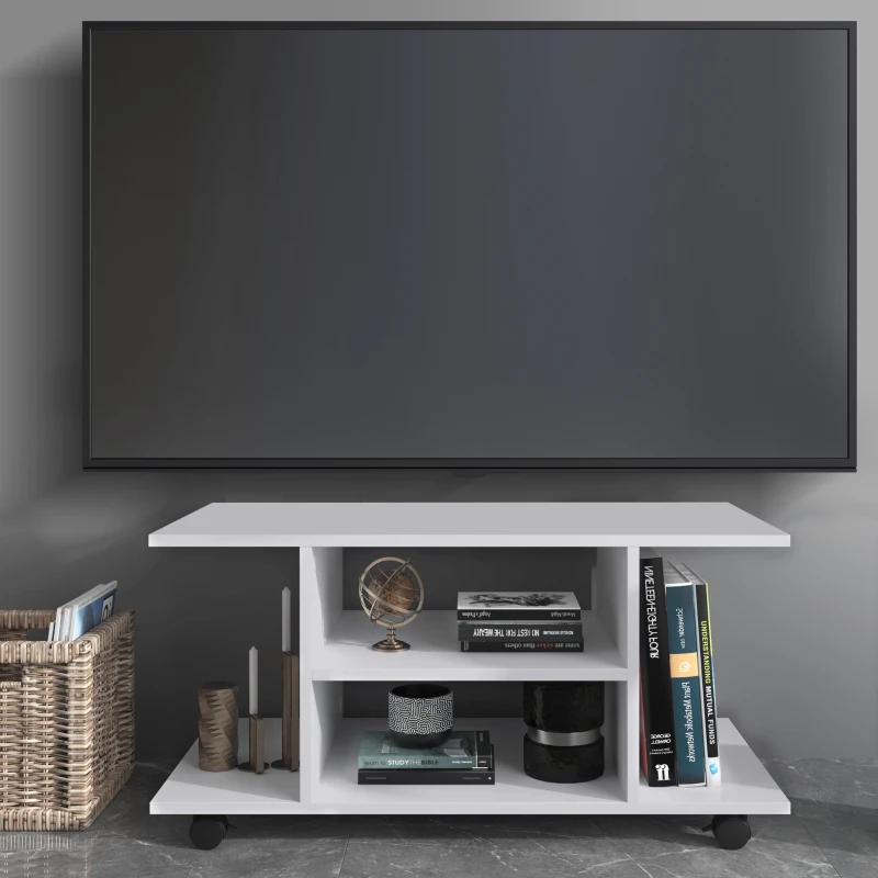 HOMCOM TV-Schrank Fernsehschrank Fernsehtisch Couchtisch TV Lowboard mit offenen Ablageflächen und 4 Rollen TV-Bank bis zu 42 Zoll Spanplatte Weiß 80 x 40 x 40 cm