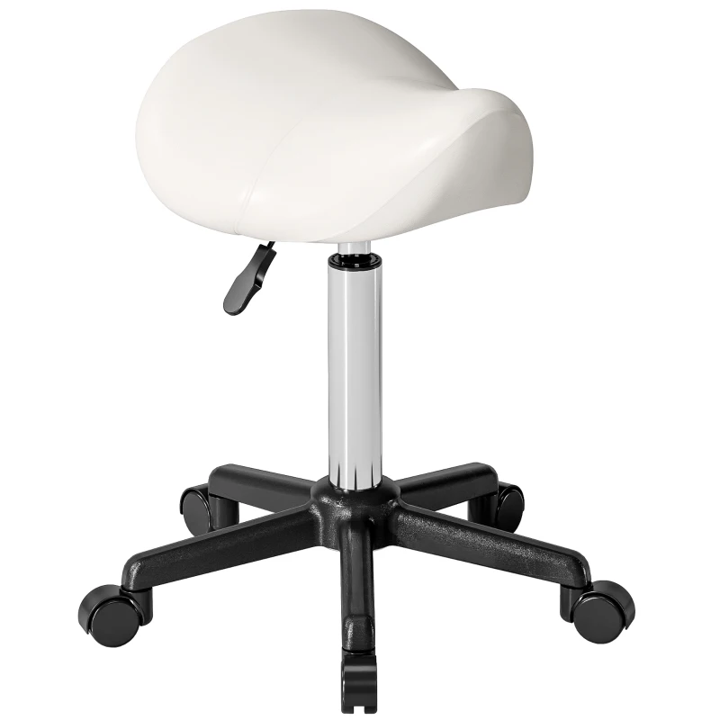 HOMCOM Tabouret à roulettes, chaise de travail avec hauteur réglable 45-57 cm et selle ergonomique, 48x47x45-57cm, blanc