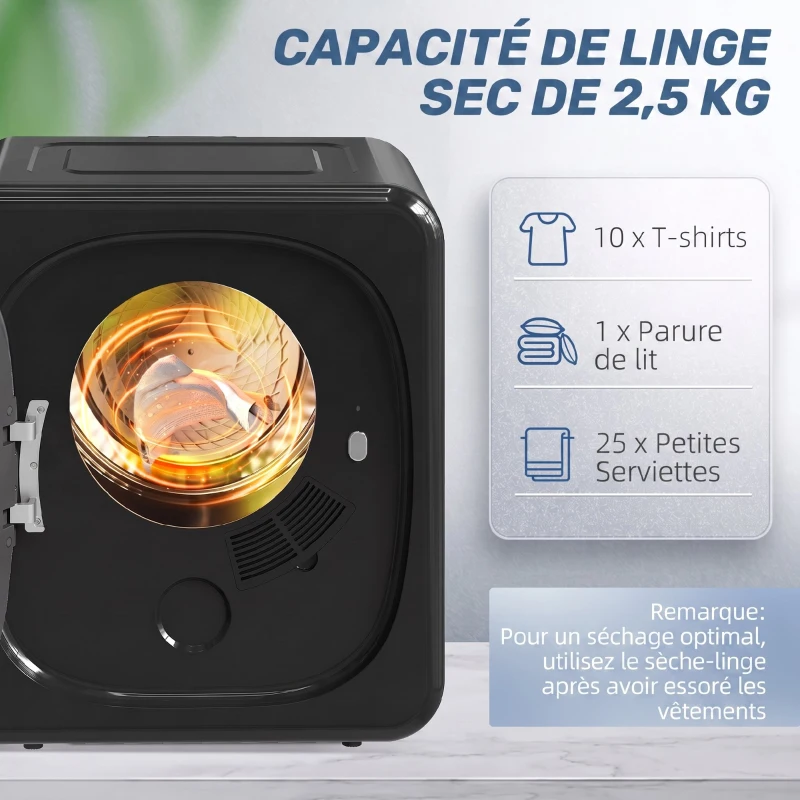 HOMCOM Sèche linge à évacuation électrique 800 W 2,5 Kg avec 5 modes de séchage, cuve en acier inoxydable, charge frontale