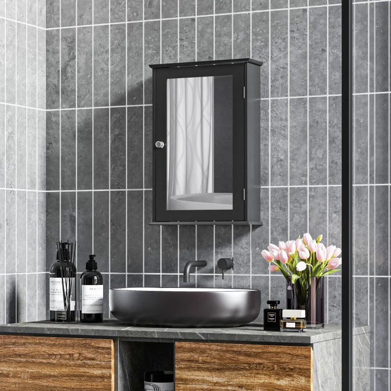 kleankin Mobiletto Bagno Pensile con Specchio e Anta a Chiusura Magnetica, 41x14x60 cm, Nero