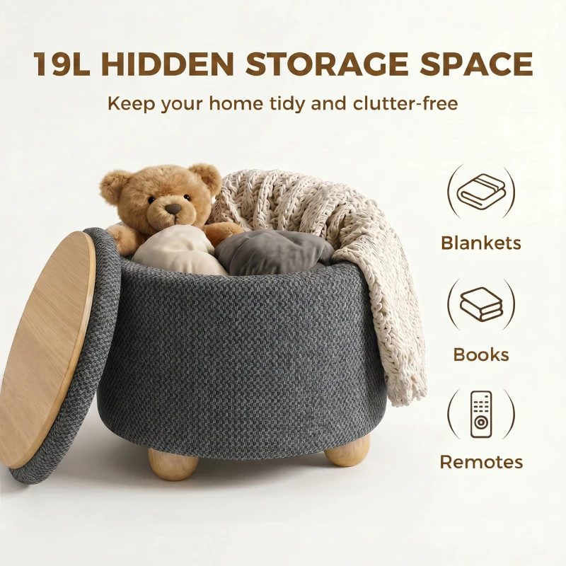HOMCOM Storage Sitting Bench with Lid, Round Storage Ottoman with Rubberwood Legs, Dark Grey