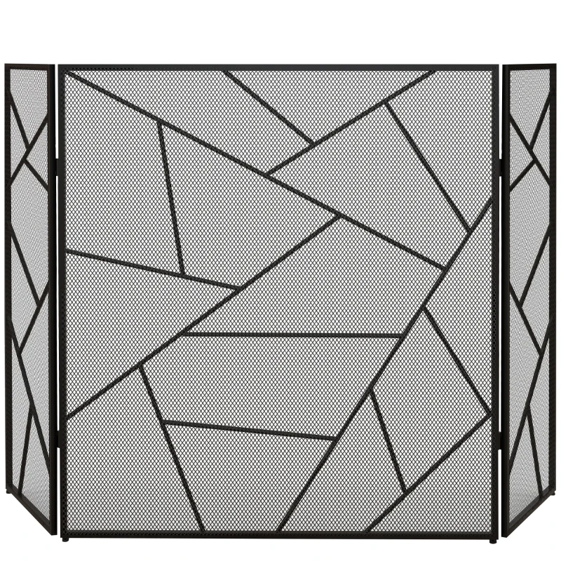 HOMCOM Pare feu cheminée pliable 3 panneaux en acier avec décor géométrique et pieds antidérapants, 135l x 1,2P x 85H cm, noir