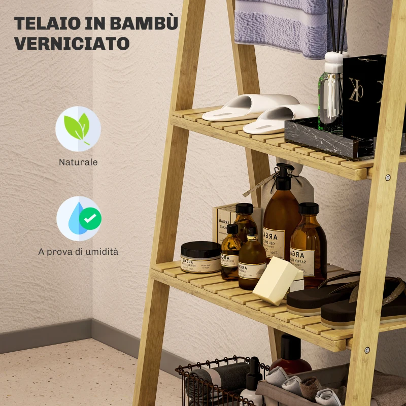 HOMCOM Scaffale Bagno 3 Ripiani con Porta Asciugamani a 3 Barre, Autoportante e Pieghevole in Legno di Bambù